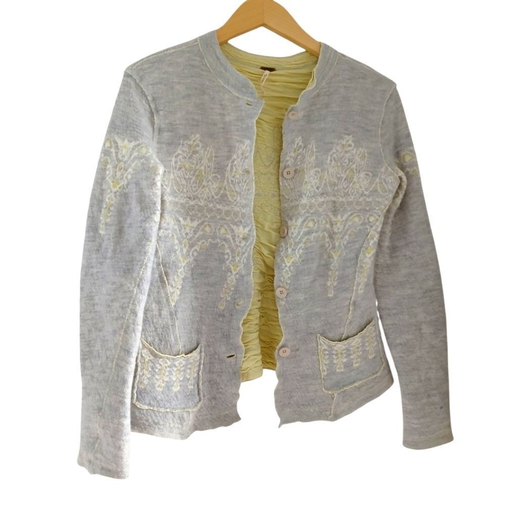 RARE Free People Wool/Cotton Fair Isle Button Sweater Grey Yellow S/M - Picture 2 of 11